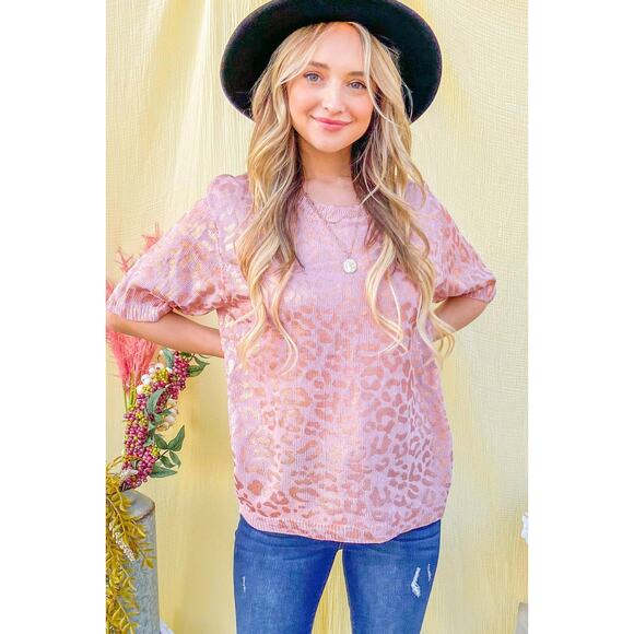 Leopard Foil Printed Half Sleeve Summer Sweater Dusty Rose - Picture 3 of 3